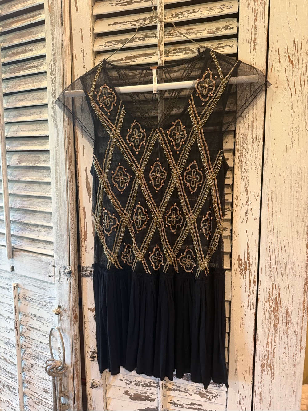Free People Black Sheer Beaded Tunic with Gold Embroidery